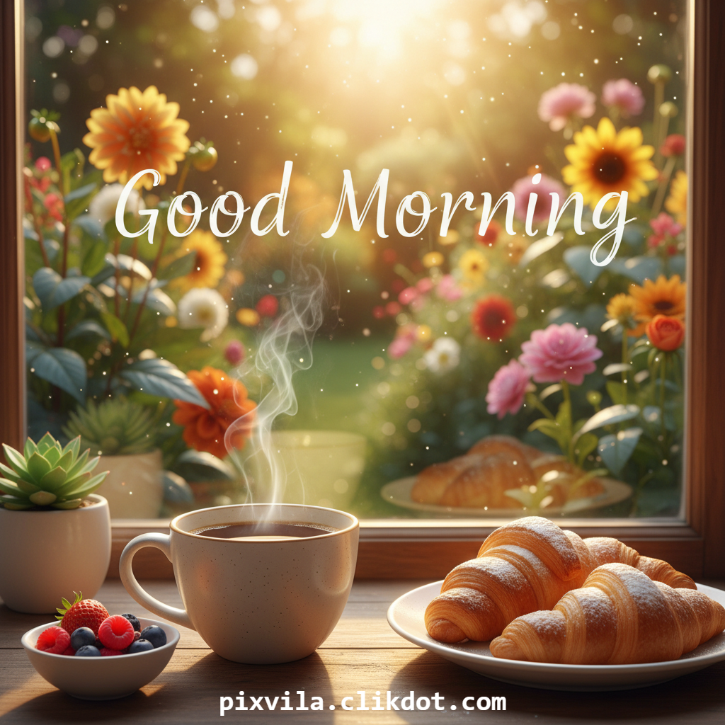 Good Morning scenic image with steaming coffee cup, powdered croissants, bowl of fresh strawberries raspberries blueberries, vibrant flowers at window, soft sunrise light, and Good Morning text overlay – AI generated free download wallpaper for positive greetings