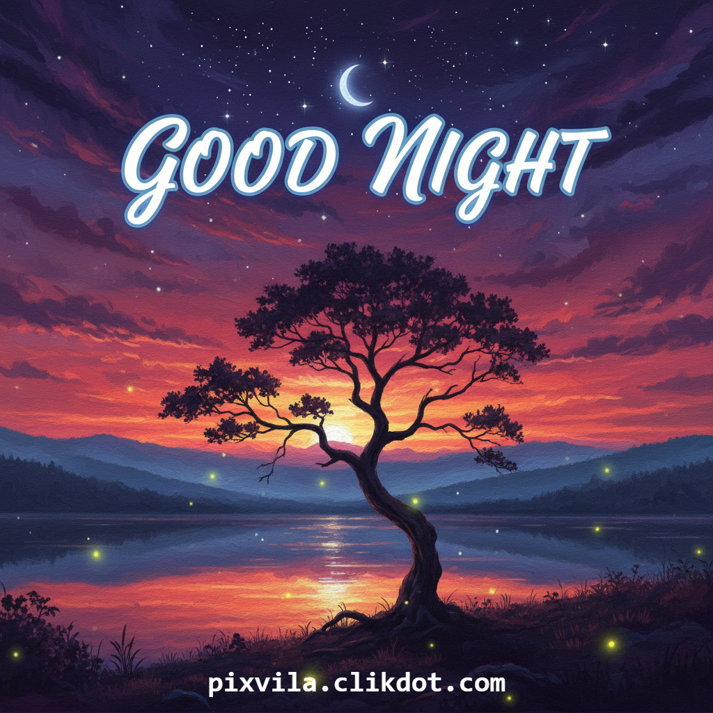 Good Night scenic image with crescent moon, starry night sky, solitary tree by calm lake, red-orange sunset glow, fireflies, and bold Good Night text – AI generated free download wallpaper for bedtime wishes
