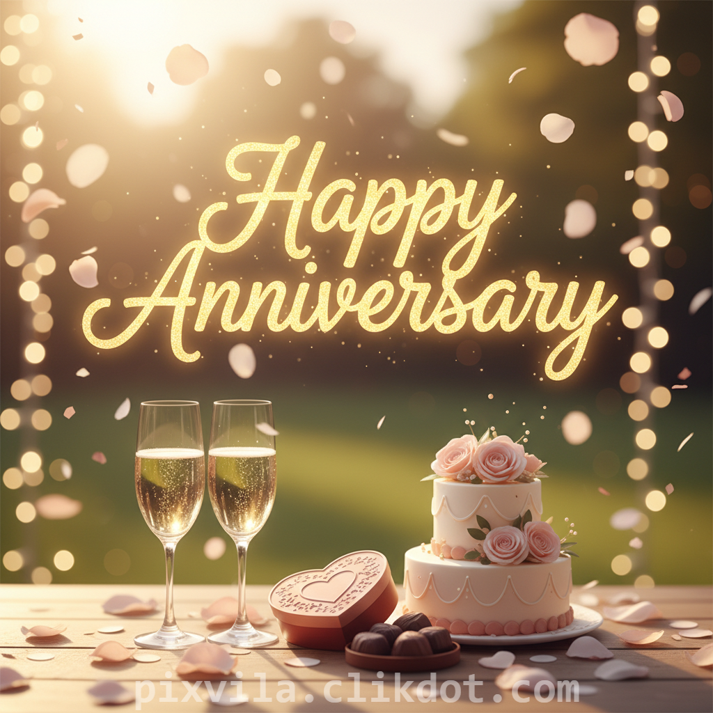 Happy anniversary romantic scene with golden sparkling text, champagne glasses, two-tier cake with pink roses, heart-shaped chocolate box, scattered rose petals on wooden table in garden sunset, AI generated celebration image