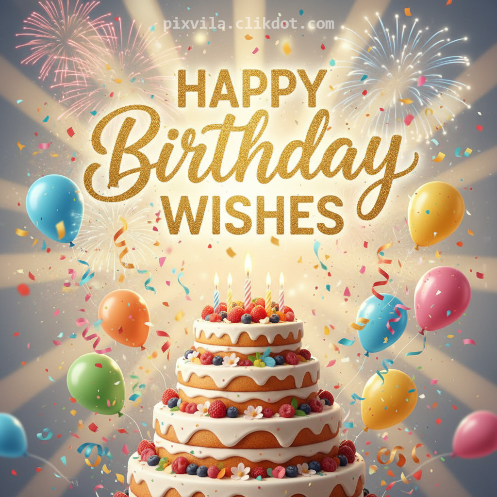 Happy birthday wishes festive scene with multi-tier cake topped with berries candles, colorful balloons, fireworks confetti explosion, sparkling gold text on vibrant background, AI generated celebration image