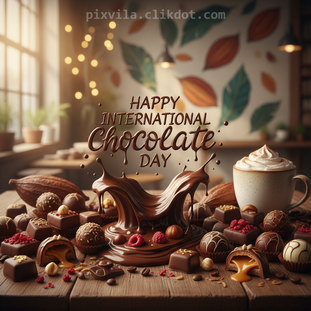 Happy International Chocolate Day celebration with dripping molten chocolate, assorted truffles, cocoa pods, raspberries, nuts, and hot chocolate cup – AI generated festive free download image