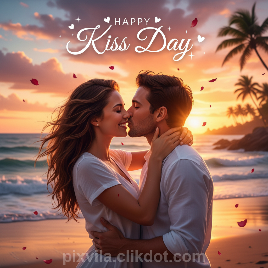 Romantic couple kissing on a tropical beach at golden sunset, with flying rose petals, palm trees, ocean waves, and sparkling "Happy Kiss Day" text with hearts – free AI-generated romantic image for Kiss Day