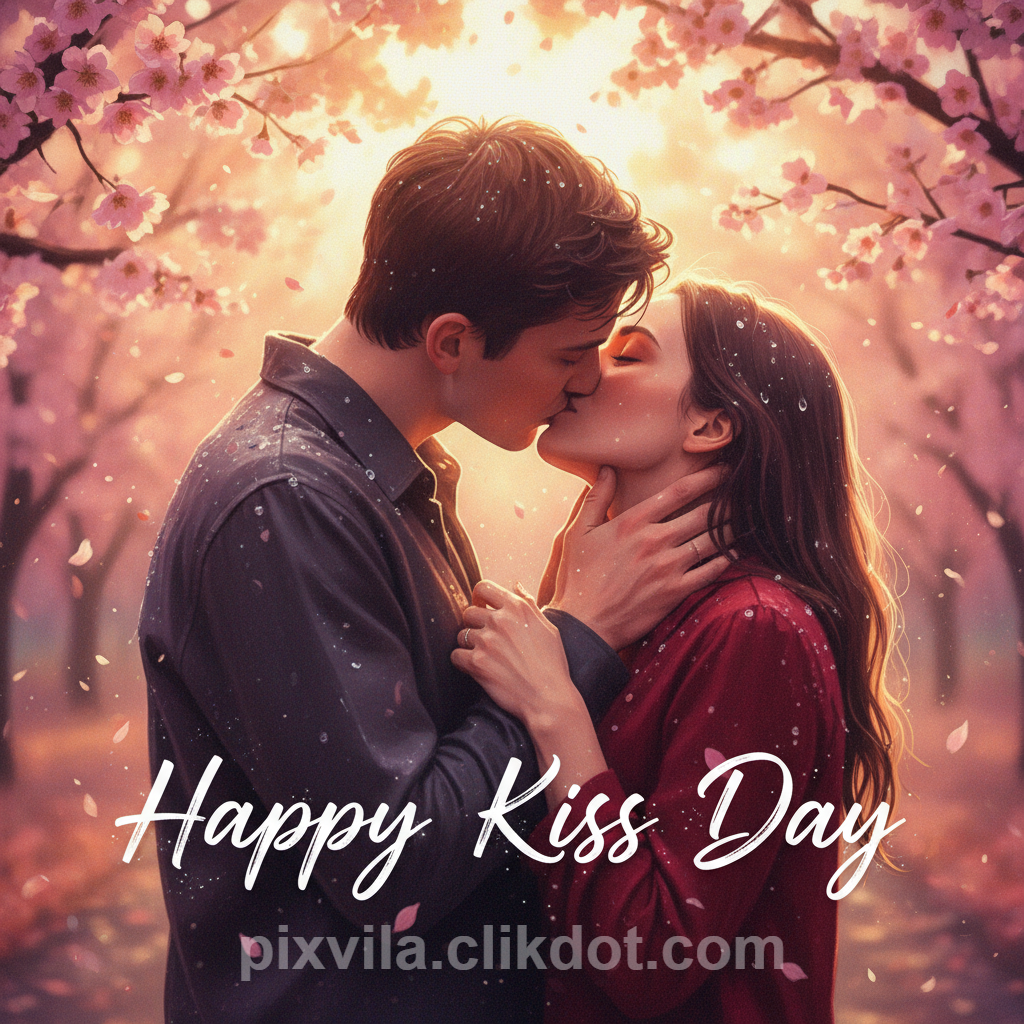 Romantic couple kissing tenderly under blooming cherry blossom trees with pink petals falling, soft sunset light, and "Happy Kiss Day" text overlay – free AI-generated romantic image for Kiss Day
