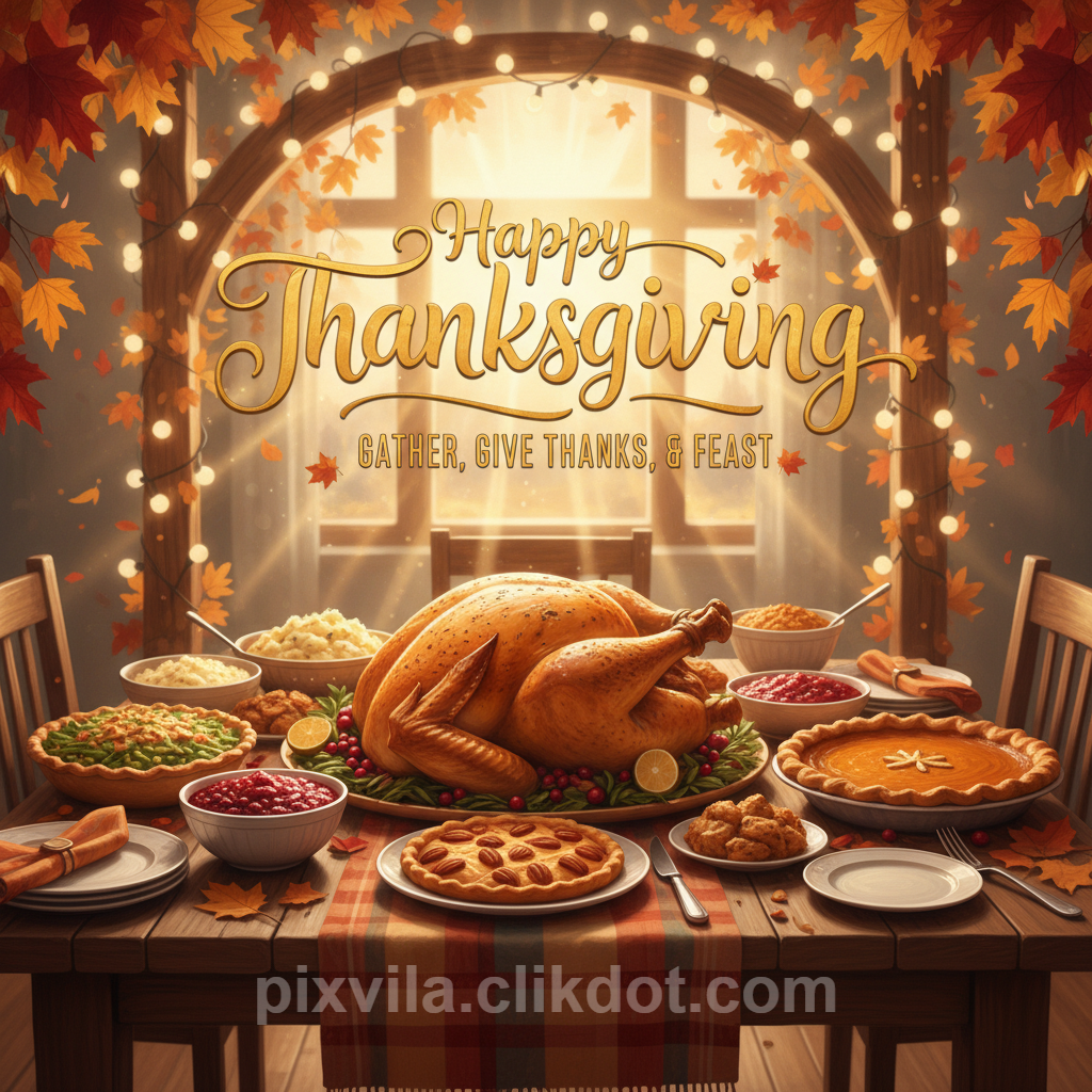 Happy Thanksgiving table setting with roasted turkey, mashed potatoes, green bean casserole, cranberry sauce, pumpkin pie, pecan pie, fall leaves, string lights, and elegant gold text "Happy Thanksgiving – Gather, Give Thanks, & Feast" – free AI-generated image