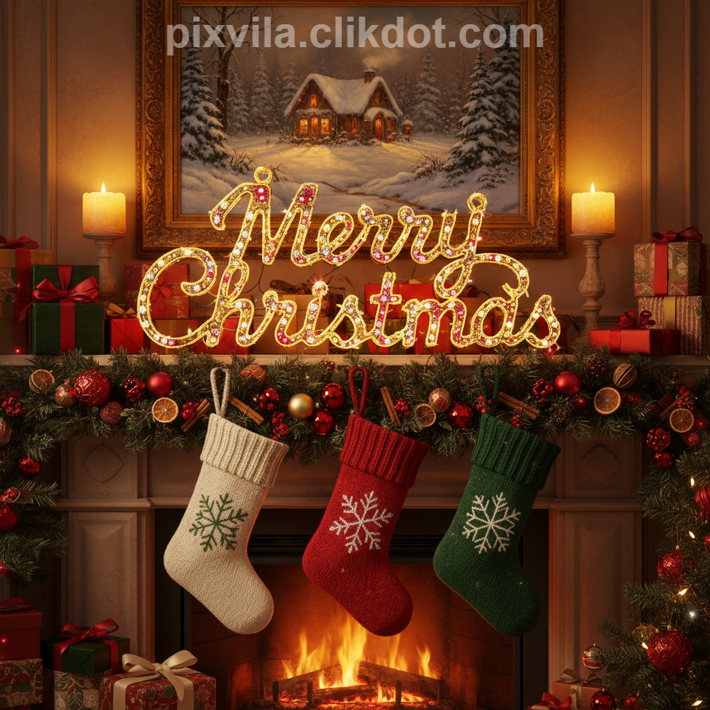 Cozy Christmas fireplace mantel with glowing Merry Christmas sign in jewels, red green white stockings with snowflakes, festive garland with oranges and cinnamon, wrapped gifts, lit candles, and winter cabin painting – free AI-generated holiday image