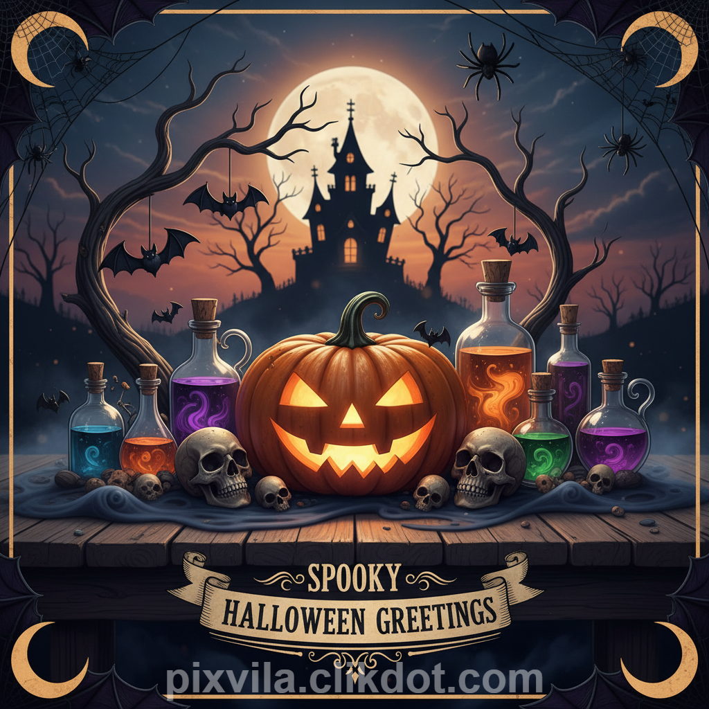Spooky Halloween greetings illustration with carved jack-o-lantern pumpkin, colorful potion bottles, skulls, bats, spiders, haunted castle silhouette, full moon, and cobwebs – free AI-generated image