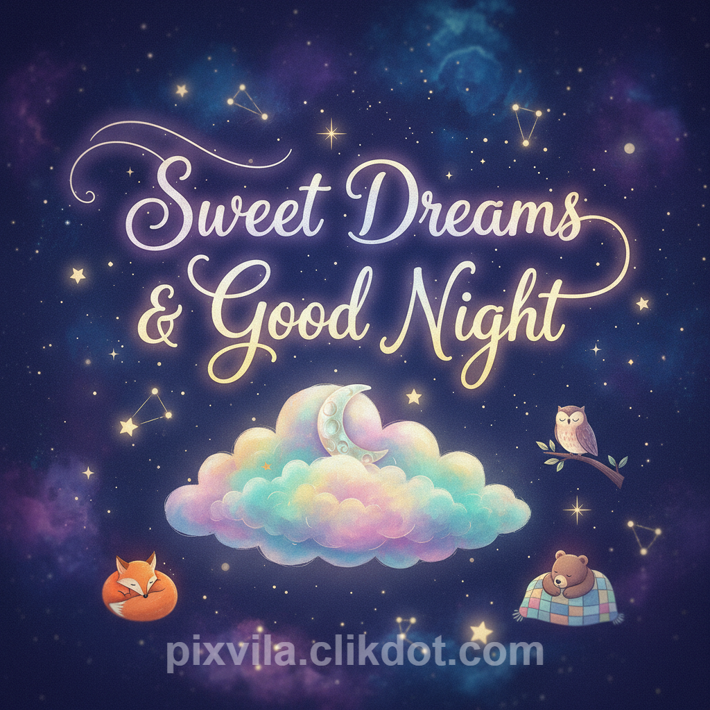 Sweet dreams and good night illustration with pastel rainbow cloud, crescent moon, sleeping fox, owl on branch, bear in blanket, starry night sky, whimsical cute AI art