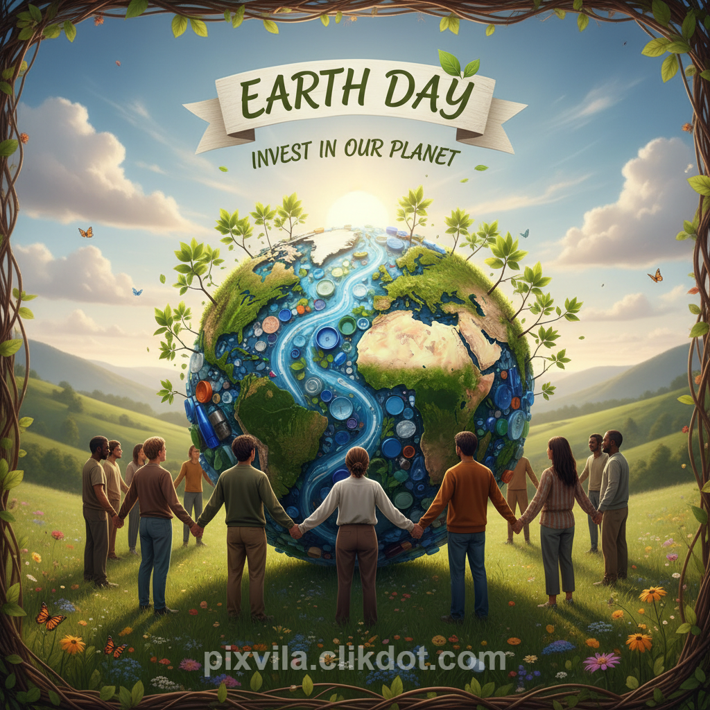 iverse group of people holding hands in a circle around a vibrant textured Earth globe featuring green land, blue oceans with symbolic recycled plastic elements, framed by leafy vine border and banner reading "EARTH DAY INVEST IN OUR PLANET", sunny meadow with flowers and butterflies