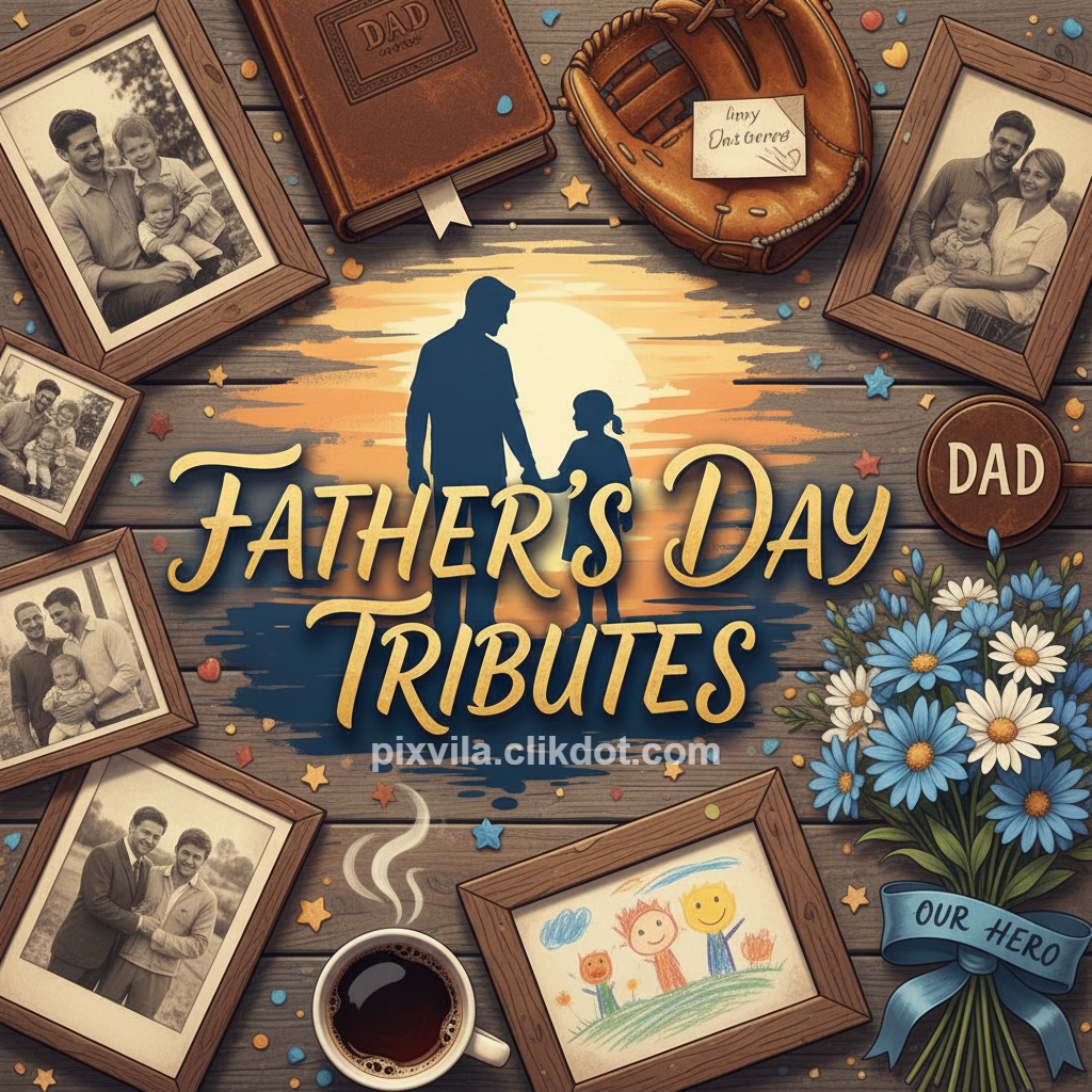 Heartwarming Father's Day tribute collage with central father and daughter silhouette against sunset, surrounded by framed family photos, baseball glove, "DAD" book, child's drawing, coffee cup, blue daisy bouquet, ribbon "OUR HERO," and gold text on wooden background