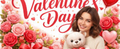 Happy Valentine's Day cute woman smiling holding teddy bear with red heart, surrounded by pink roses, heart balloons, gift boxes, cupcakes and confetti – free AI generated image