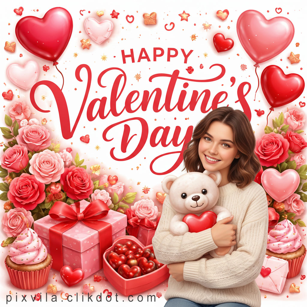 Happy Valentine's Day cute woman smiling holding teddy bear with red heart, surrounded by pink roses, heart balloons, gift boxes, cupcakes and confetti – free AI generated image