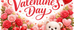 Cute Valentine's Day teddy bear holding red heart, with pink roses, heart balloons, gift boxes, cupcakes, cherries bowl, and sparkles – free AI generated image