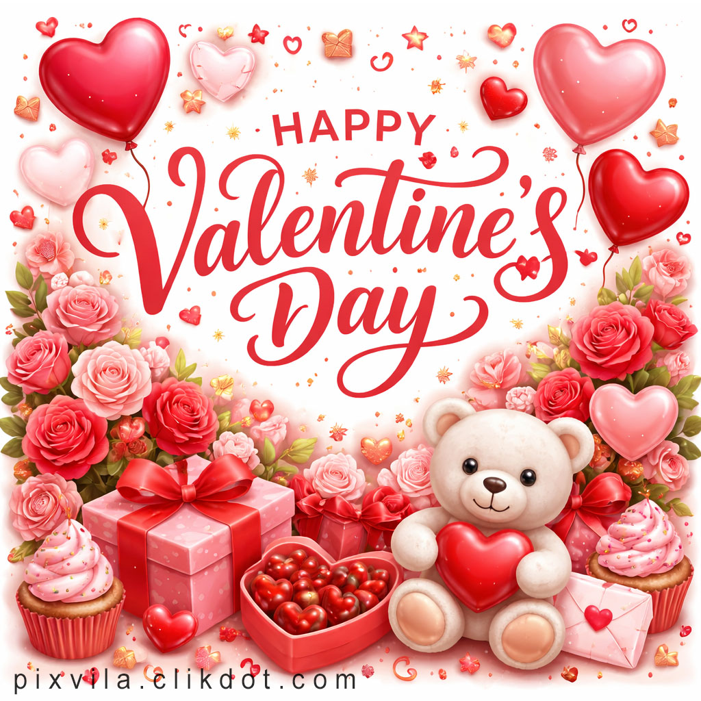 Cute Valentine's Day teddy bear holding red heart, with pink roses, heart balloons, gift boxes, cupcakes, cherries bowl, and sparkles – free AI generated image