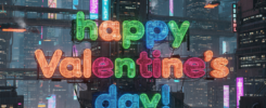 Cyberpunk Valentine's Day neon cityscape with colorful "Happy Valentine's Day!" signs, pink heart, rain-slicked streets, skyscrapers, flying vehicles – free AI image