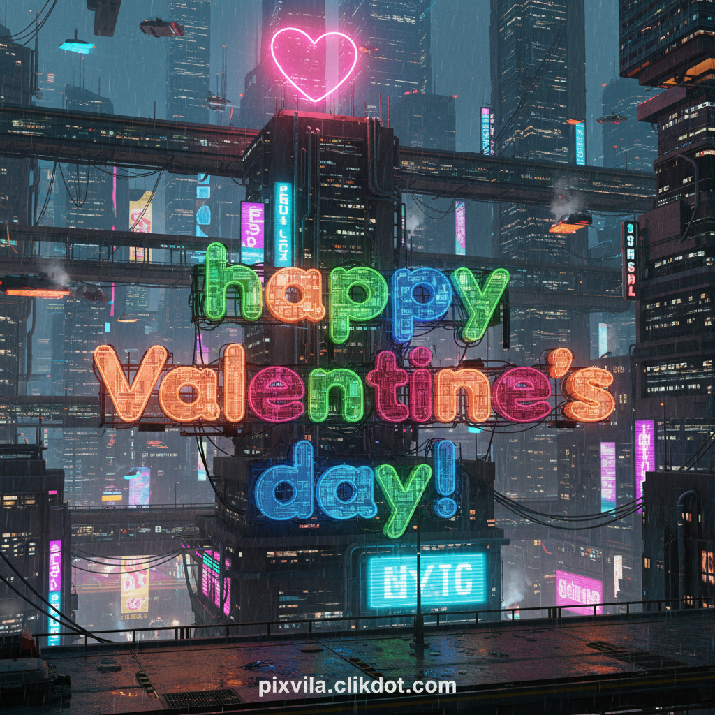 Cyberpunk Valentine's Day neon cityscape with colorful "Happy Valentine's Day!" signs, pink heart, rain-slicked streets, skyscrapers, flying vehicles – free AI image