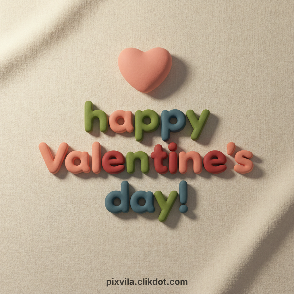 Minimalist Happy Valentine's Day greeting in colorful 3D clay letters with pink heart on neutral background – free AI generated image