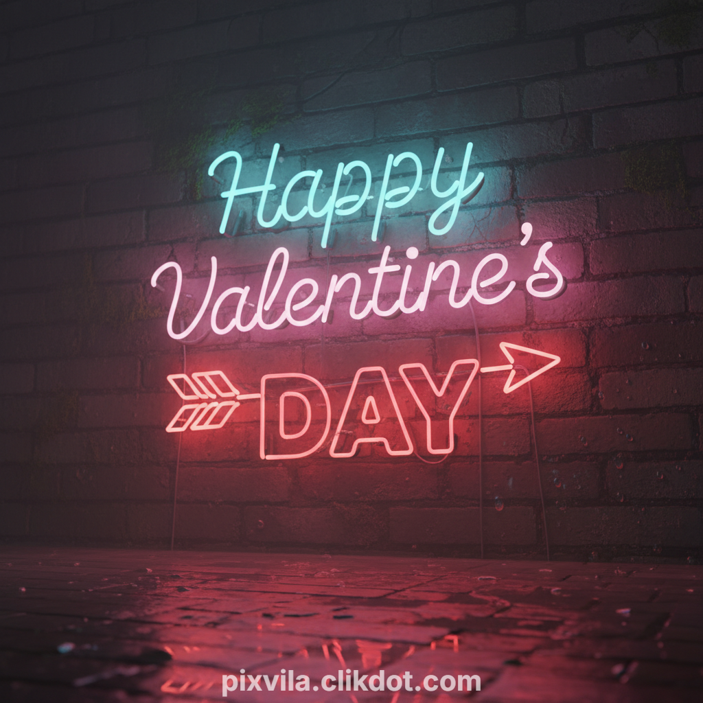 Neon pink heart sign pierced by arrow with "Happy Valentine's Day" text in cyan cursive on brick wall, romantic urban glow – free AI image
