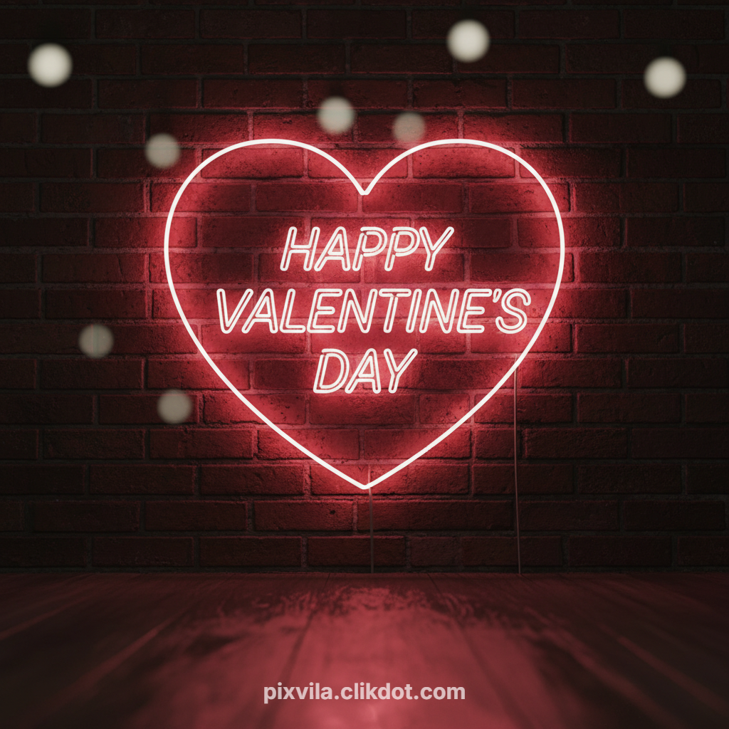 Neon heart sign glowing red with "HAPPY VALENTINE'S DAY" text on dark brick wall, romantic bokeh lights – free AI generated image