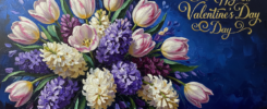 Oil painting style Valentine's Day bouquet of pink tulips, purple/white hyacinths, and pastel flowers on dark blue background with gold "Happy Valentine's Day" text – free AI image