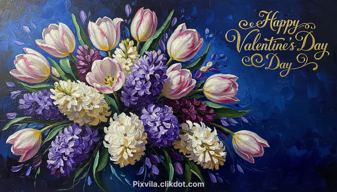 Oil painting style Valentine's Day bouquet of pink tulips, purple/white hyacinths, and pastel flowers on dark blue background with gold "Happy Valentine's Day" text – free AI image