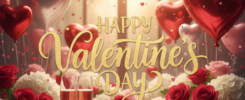 Luxury Valentine's Day setup with gold "Happy Valentine's Day" text, red/pink heart balloons, bouquet of roses/hydrangeas, champagne glasses, chocolate strawberries, gift box, sparkles – free AI image