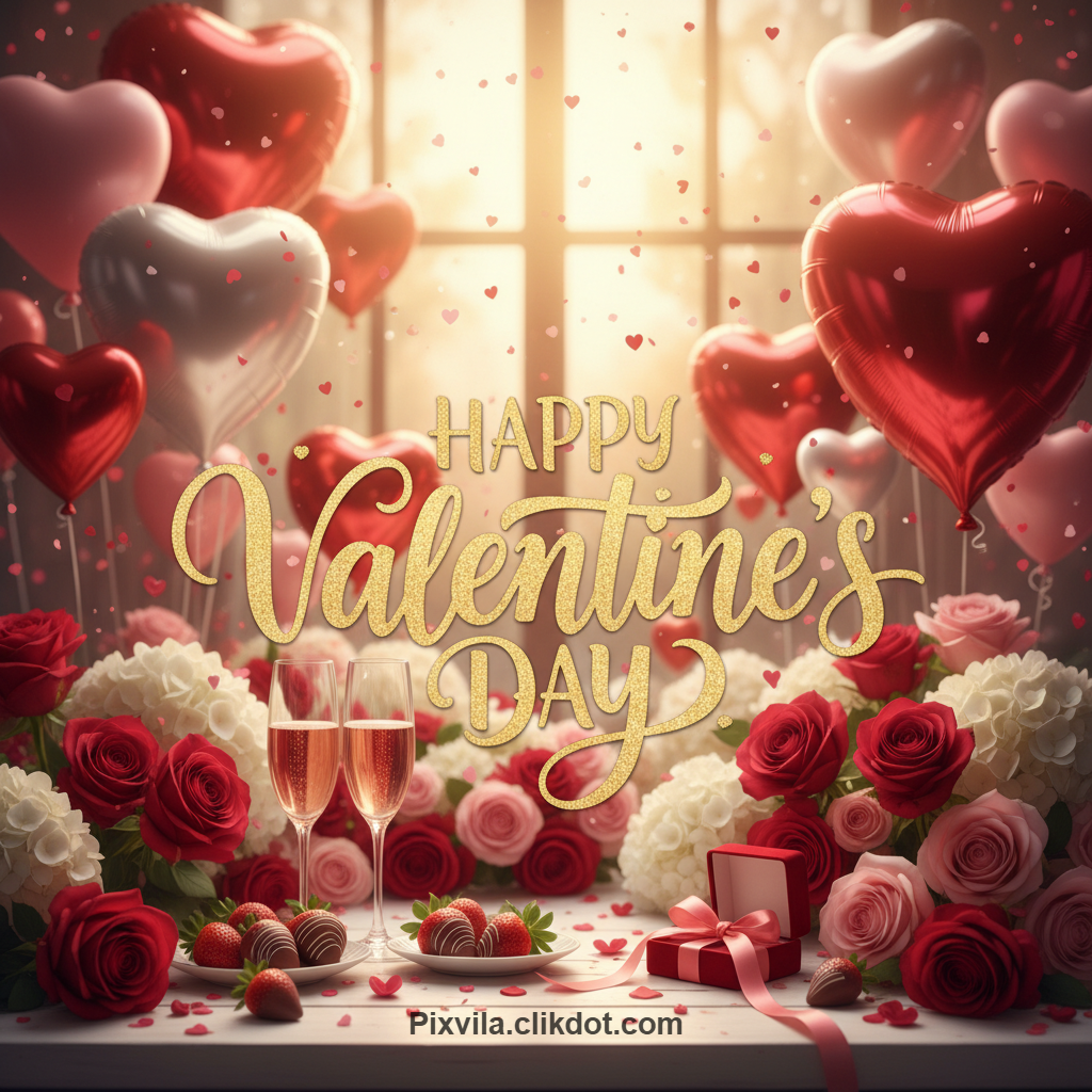 Luxury Valentine's Day setup with gold "Happy Valentine's Day" text, red/pink heart balloons, bouquet of roses/hydrangeas, champagne glasses, chocolate strawberries, gift box, sparkles – free AI image