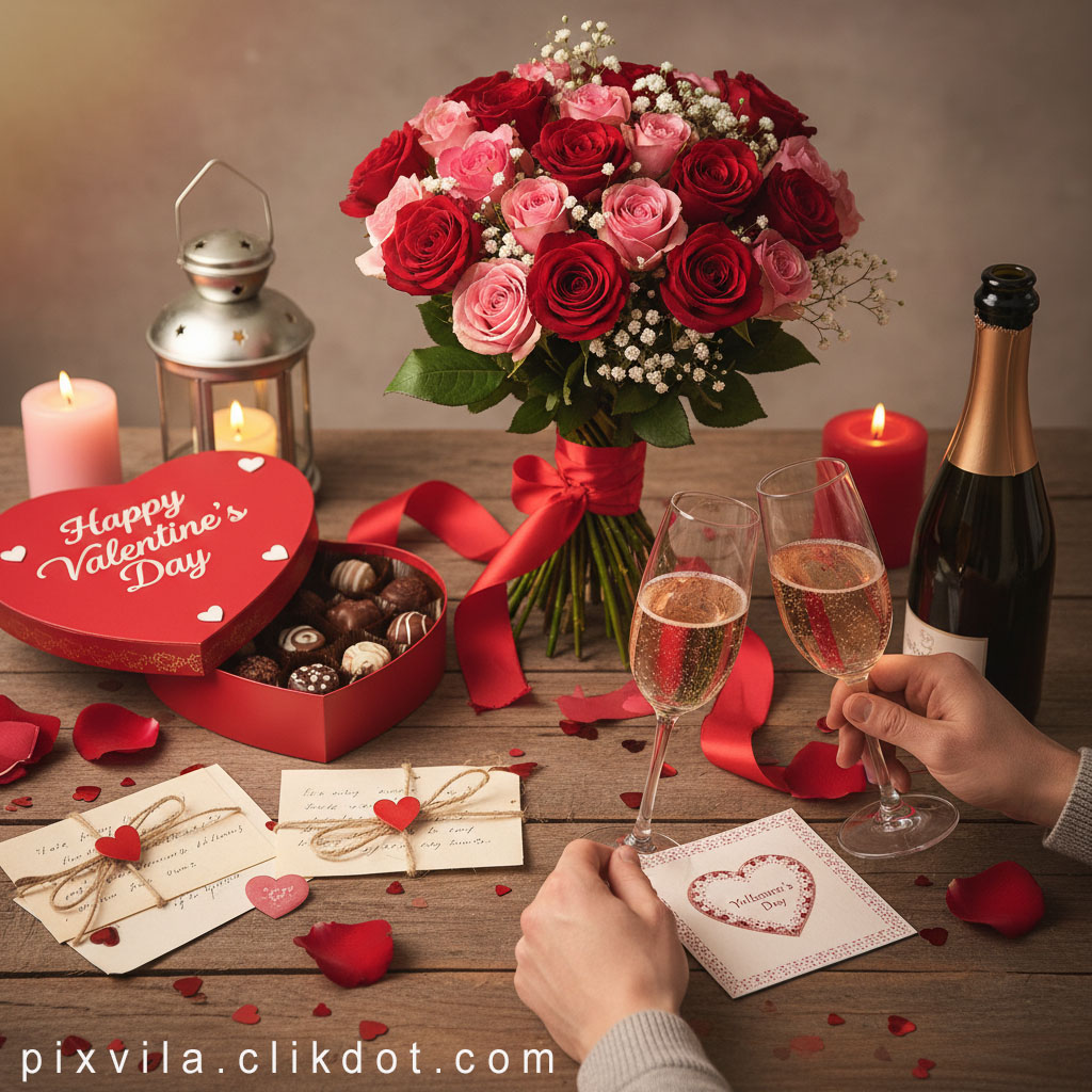 Romantic Valentine's Day champagne toast with hands holding glasses, bouquet of pink/red roses, heart-shaped chocolate box, lit candles, handwritten love notes, rose petals – free AI image