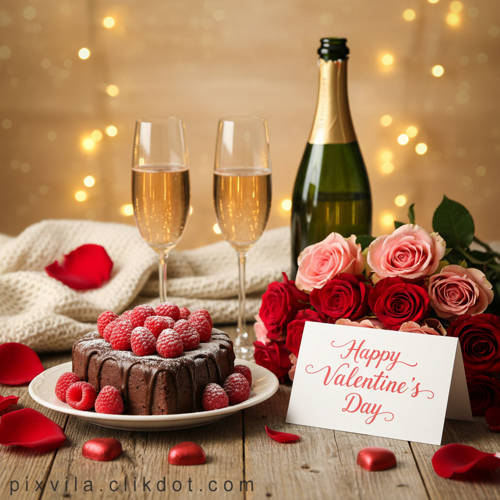 Romantic Valentine's Day table with chocolate cake topped with raspberries and drizzle, champagne flutes and bottle, pink/red roses bouquet, "Happy Valentine's Day" card, rose petals, chocolates, and fairy lights – free AI image
