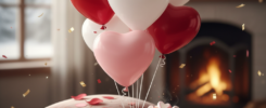 Cozy Valentine's Day setup with pink/red heart balloons, "Happy Valentine's Day" wooden sign, hot chocolate with marshmallows, red roses, chocolates, open ring box, petals, confetti & fireplace – free AI image