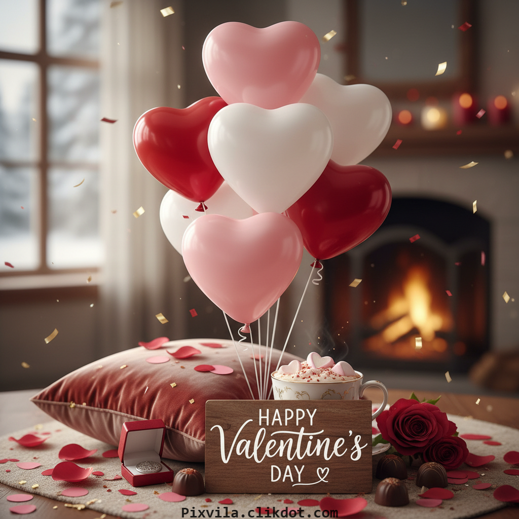 Cozy Valentine's Day setup with pink/red heart balloons, "Happy Valentine's Day" wooden sign, hot chocolate with marshmallows, red roses, chocolates, open ring box, petals, confetti & fireplace – free AI image