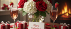 Romantic Valentine's Day dinner table with chocolate fondant cakes topped with raspberries and powdered sugar, bouquet of red roses and white flowers, champagne glasses with strawberries, gift boxes, rose petals, and fireplace glow – free AI image