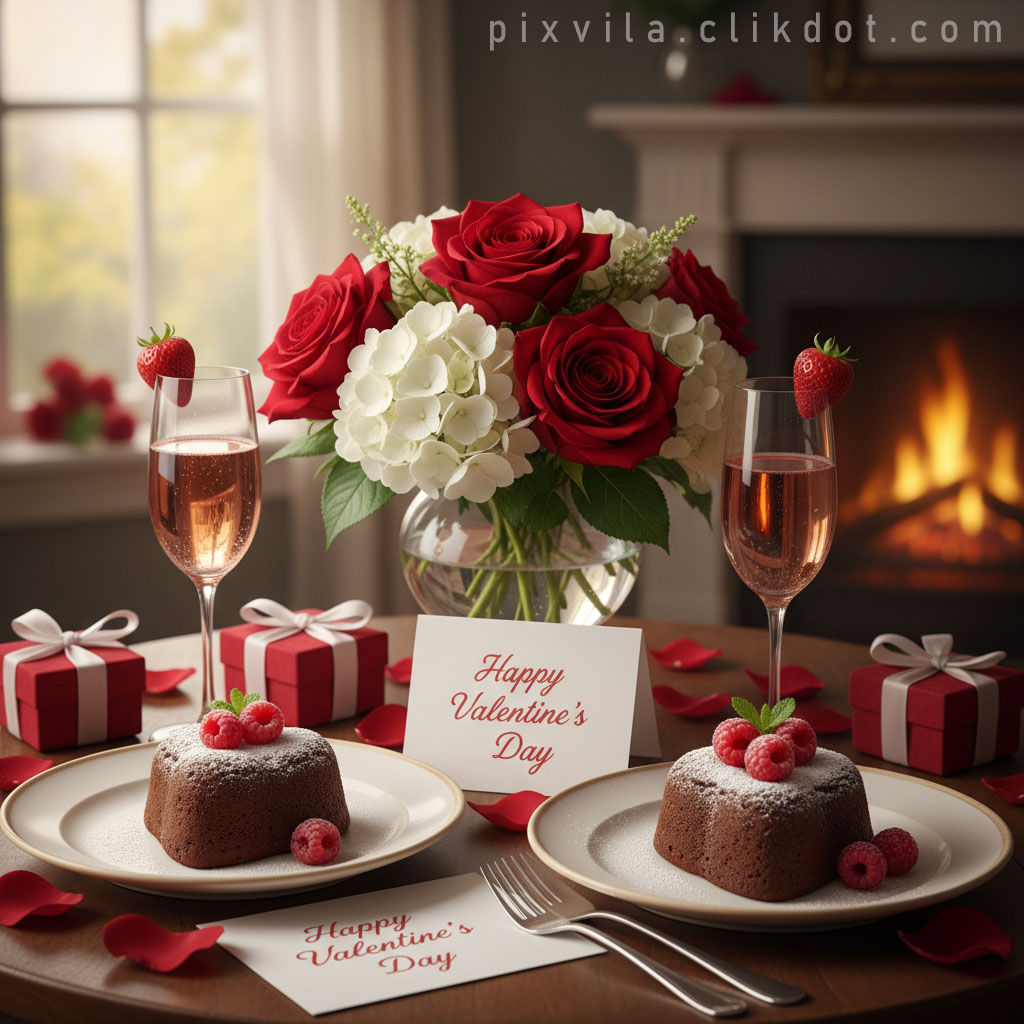 Romantic Valentine's Day dinner table with chocolate fondant cakes topped with raspberries and powdered sugar, bouquet of red roses and white flowers, champagne glasses with strawberries, gift boxes, rose petals, and fireplace glow – free AI image