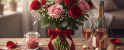 Cozy Valentine's Day table with red/pink roses bouquet tied in red bow, champagne flutes, heart cookies, pink candies, "Happy Valentine's Day" card, petals, confetti & fairy lights – free AI image