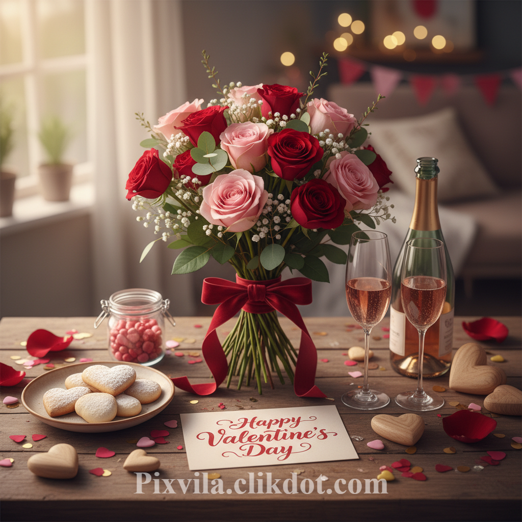 Cozy Valentine's Day table with red/pink roses bouquet tied in red bow, champagne flutes, heart cookies, pink candies, "Happy Valentine's Day" card, petals, confetti & fairy lights – free AI image