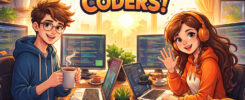 AI-generated good morning coders wallpaper: Happy young male and female programmers smiling at desk with multiple code screens, coffee mug, succulent plants, orange cat sleeping, headphones, notepad, city skyline sunrise background, motivational text "GOOD MORNING CODERS!"