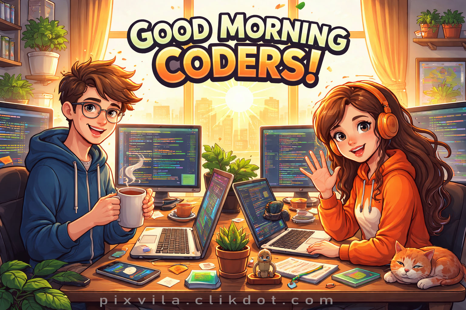 AI-generated good morning coders wallpaper: Happy young male and female programmers smiling at desk with multiple code screens, coffee mug, succulent plants, orange cat sleeping, headphones, notepad, city skyline sunrise background, motivational text "GOOD MORNING CODERS!"