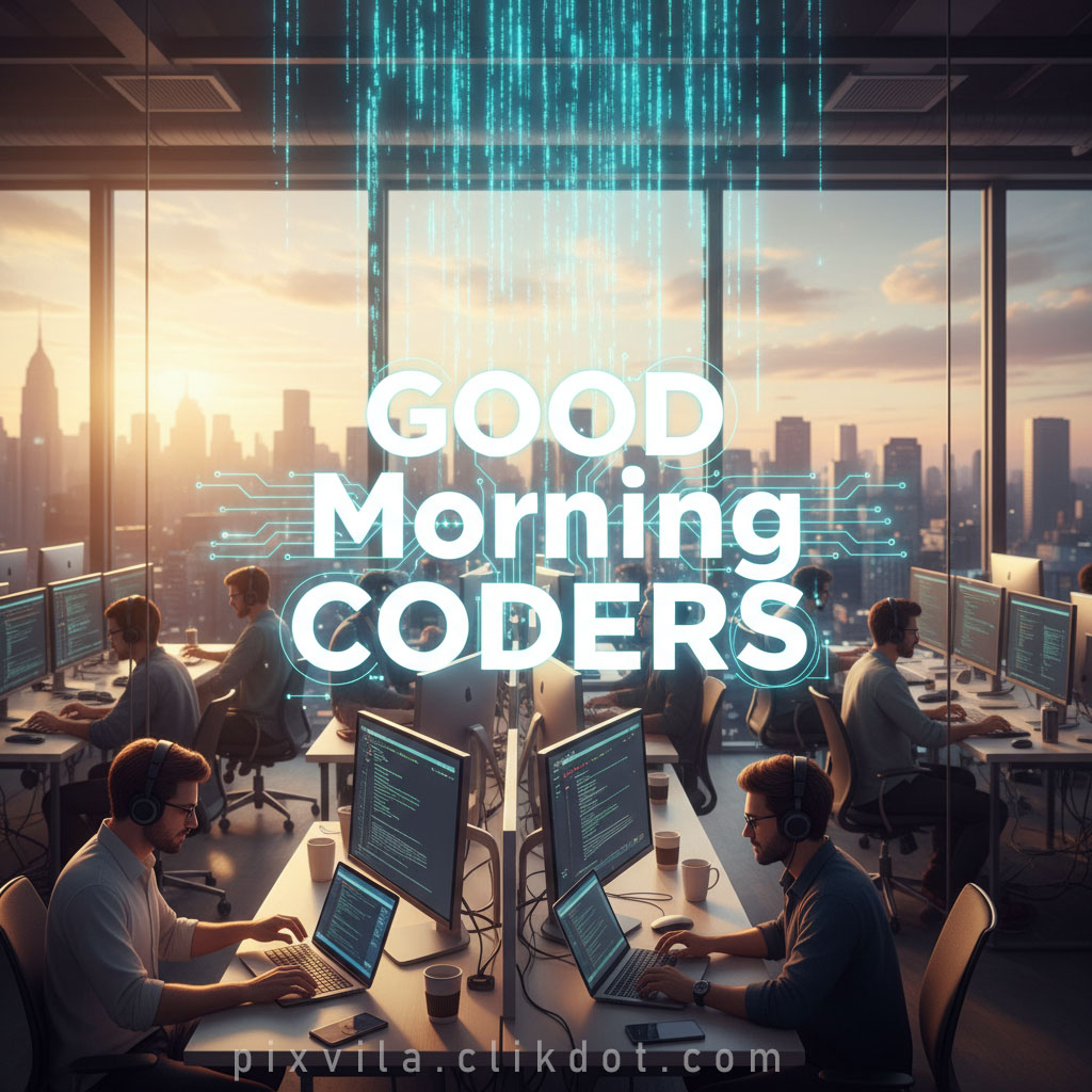 AI-generated good morning coders wallpaper: Programmers working in modern office with blue code matrix overlay, motivational text "GOOD MORNING CODERS", city skyline view, coffee and headsets, high-resolution tech motivation image