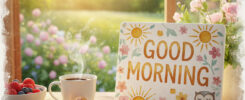 AI-generated good morning wallpaper: Steaming coffee cup, fresh croissant and berry bowl on wooden table, cute owl illustration sign with "GOOD MORNING" text, sunny garden background with pink roses, flowers, coffee beans, soft morning light