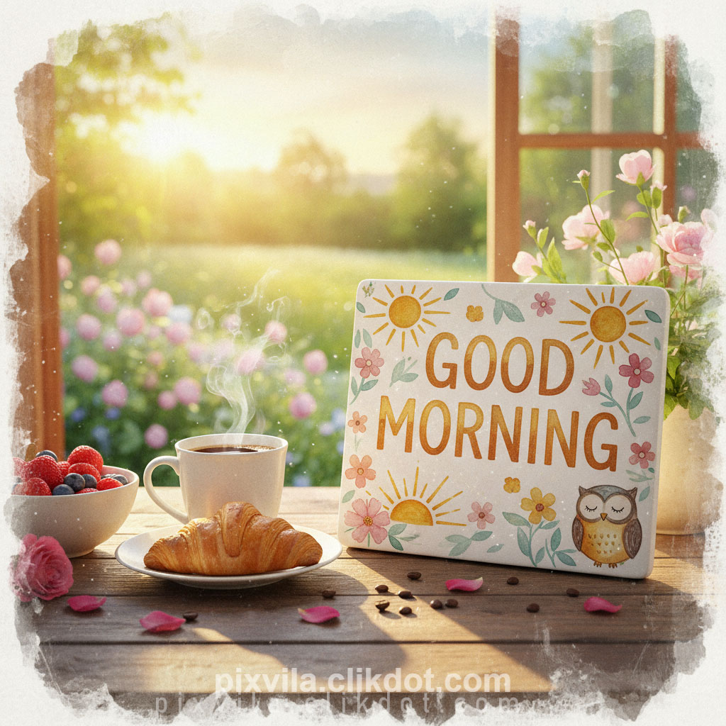 AI-generated good morning wallpaper: Steaming coffee cup, fresh croissant and berry bowl on wooden table, cute owl illustration sign with "GOOD MORNING" text, sunny garden background with pink roses, flowers, coffee beans, soft morning light