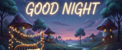 AI-generated good night wallpaper featuring a cozy bed in an enchanted fairy mushroom village, glowing string lights, crescent moon, starry sky, river path, coffee cup, whimsical toadstool houses at twilight, dreamy bedtime scene