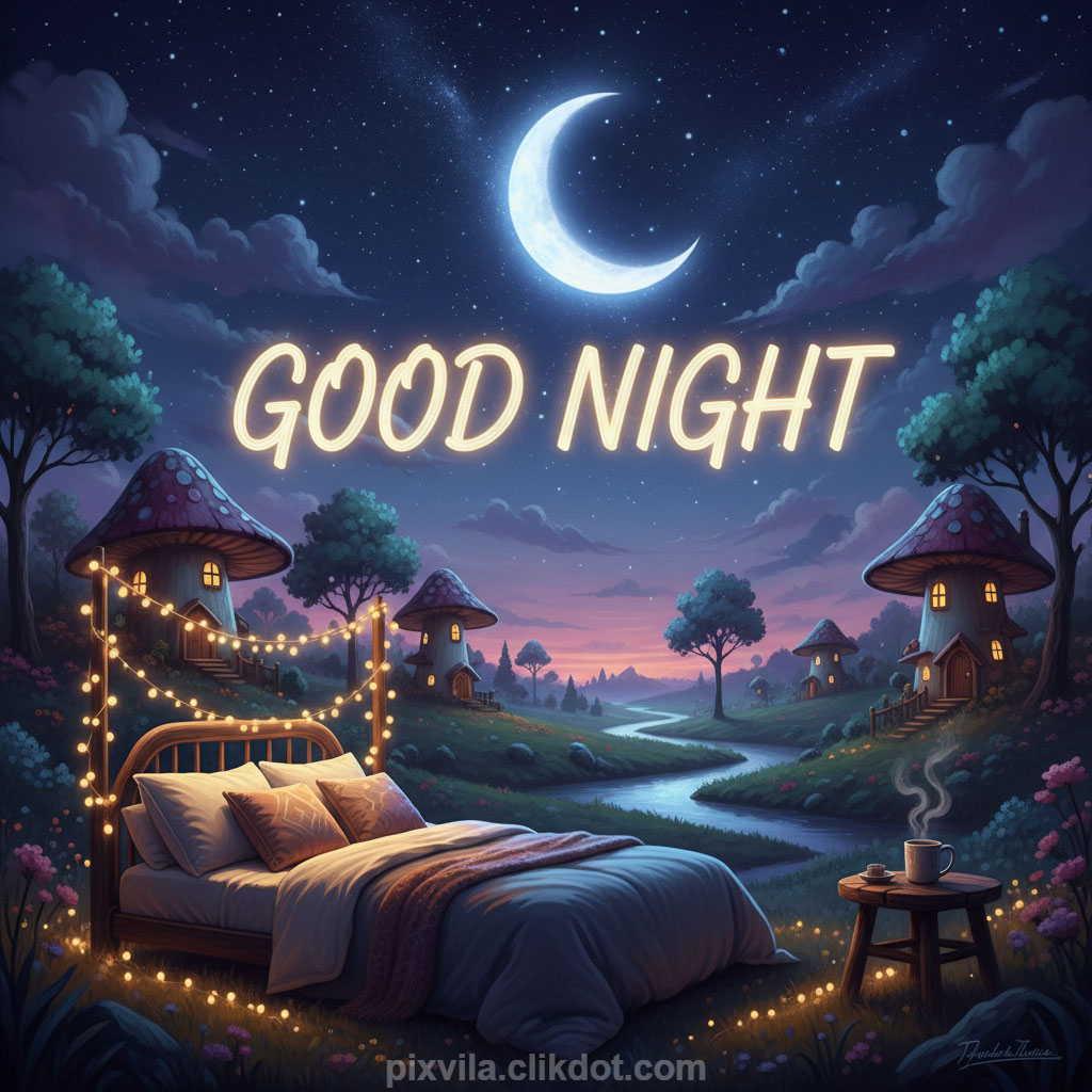 AI-generated good night wallpaper featuring a cozy bed in an enchanted fairy mushroom village, glowing string lights, crescent moon, starry sky, river path, coffee cup, whimsical toadstool houses at twilight, dreamy bedtime scene