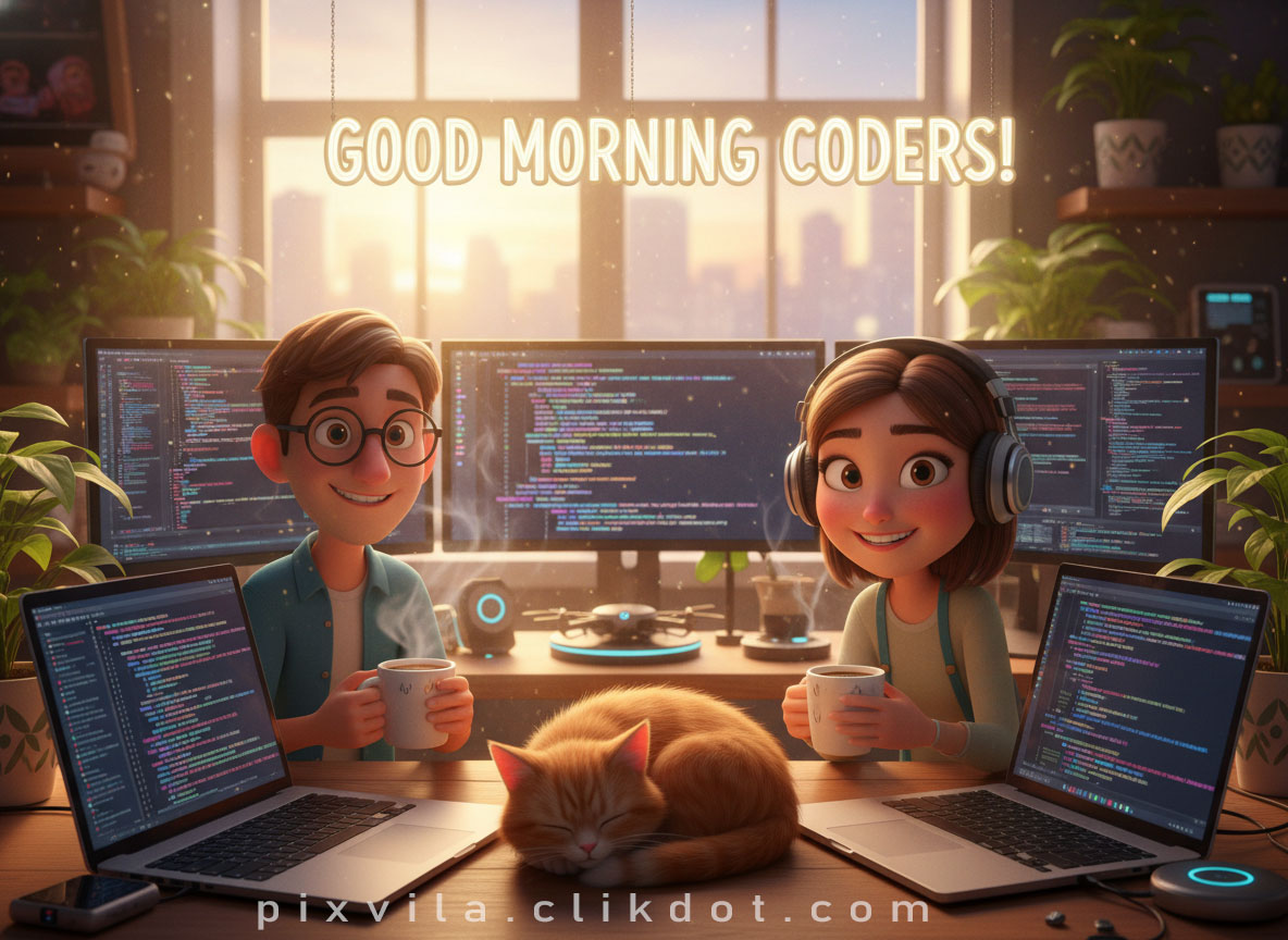 Good morning coders cozy scene: smiling male and female developers with glasses and headphones at desks, holding coffee mugs, multiple monitors showing code, sleeping orange cat on table, city skyline sunrise, plants and gadgets, motivational office illustration