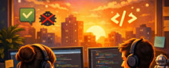 Good morning coders dramatic illustration: back view of female and male developers with headphones coding on monitors, steaming coffee mugs, floating checkmark bug and code icons, robot toy, notepad, sunrise city skyline with stars, inspirational workspace scene