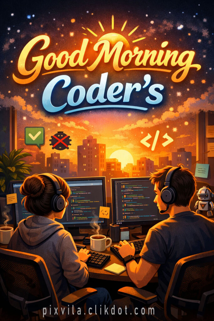 Good morning coders dramatic illustration: back view of female and male developers with headphones coding on monitors, steaming coffee mugs, floating checkmark bug and code icons, robot toy, notepad, sunrise city skyline with stars, inspirational workspace scene