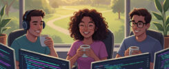 Good morning coders motivational image: diverse team of developers smiling with coffee at desks, colorful code on screens, sunny city view, small robot, inspirational office scene