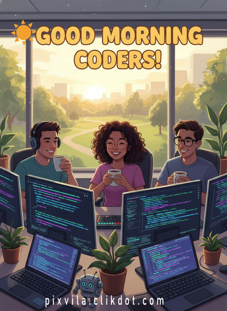 Good morning coders motivational image: diverse team of developers smiling with coffee at desks, colorful code on screens, sunny city view, small robot, inspirational office scene