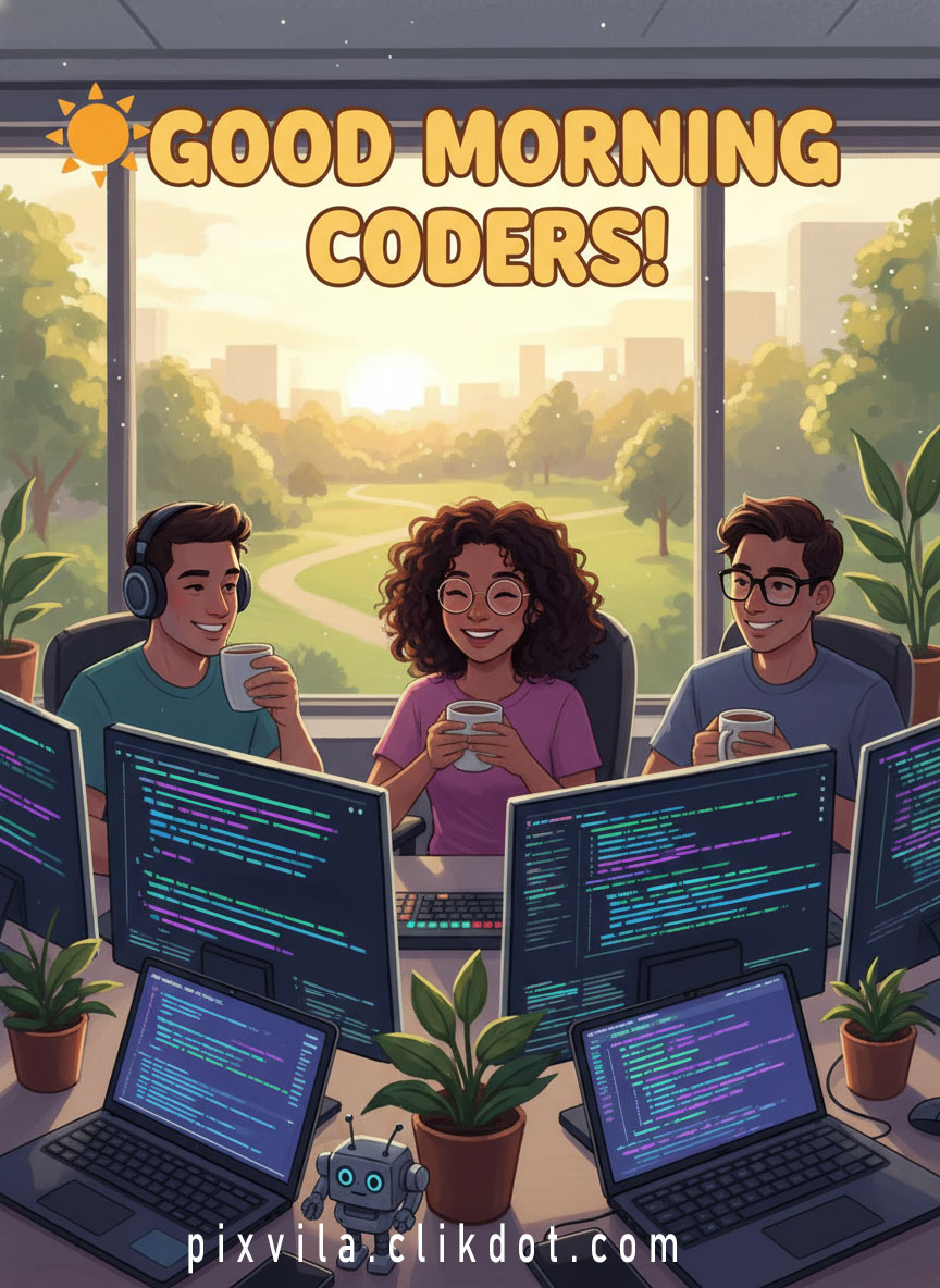 Good morning coders motivational image: diverse team of developers smiling with coffee at desks, colorful code on screens, sunny city view, small robot, inspirational office scene
