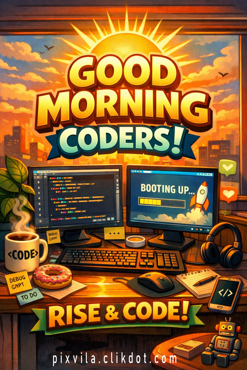 Good morning coders motivational wallpaper with sunrise, dual monitors showing code and booting up animation, coffee mug, donut, keyboard, robot toy, and text Rise & Code