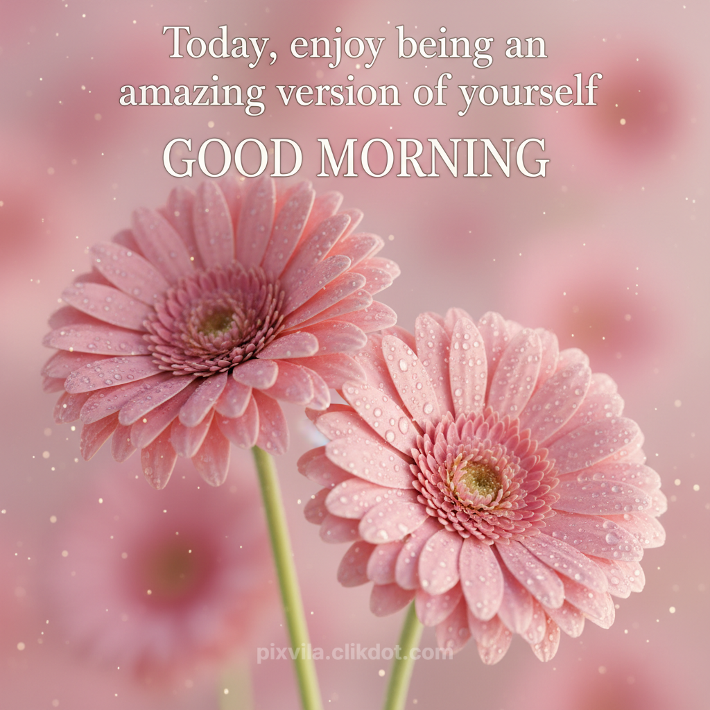Two beautiful pink gerbera daisies covered in fresh morning dew drops against soft pink bokeh background, overlaid with motivational text "Today, enjoy being an amazing version of yourself GOOD MORNING"