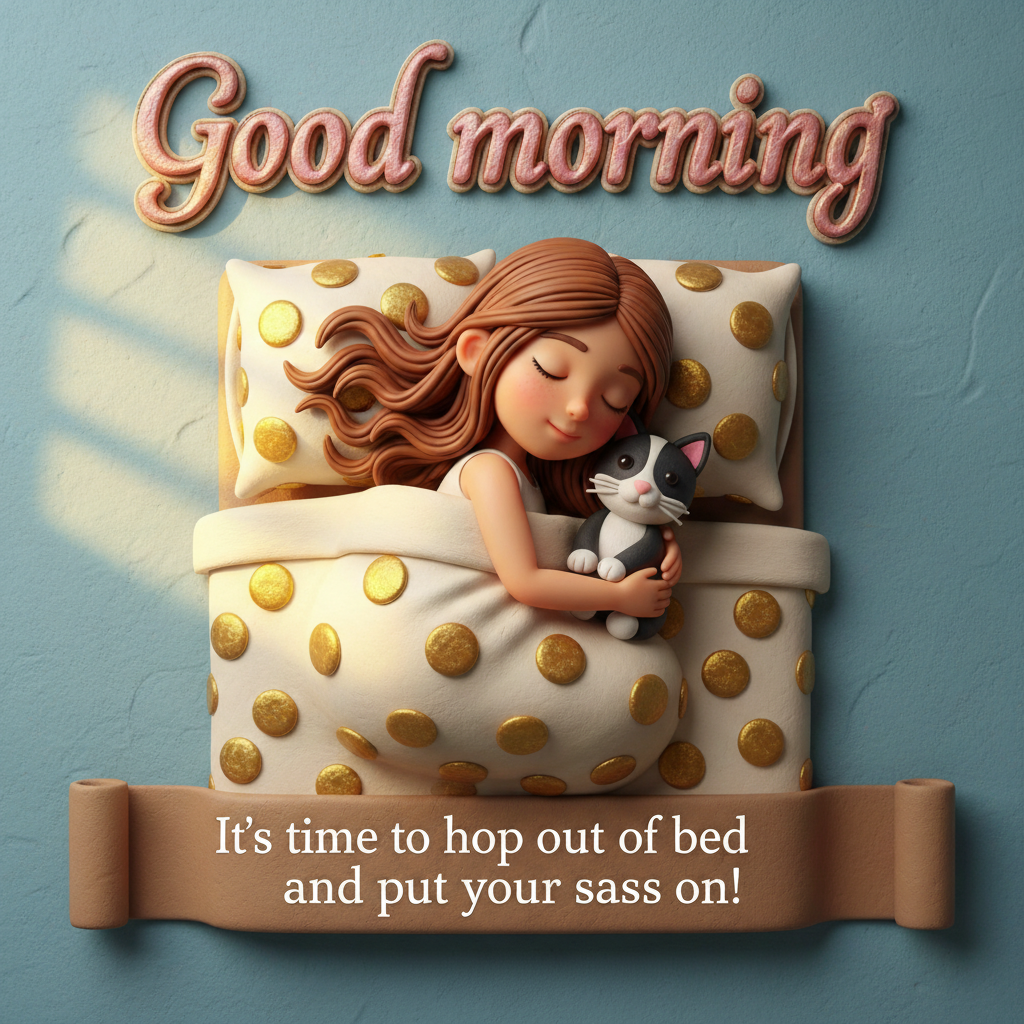 Cute 3D figurine-style good morning scene: young girl with long hair sleeping peacefully hugging black-and-white cat in polka-dot bed, gold "Good morning" cookie text above, brown ribbon banner below saying "It's time to hop out of bed and put your sassy on!", teal background with soft light